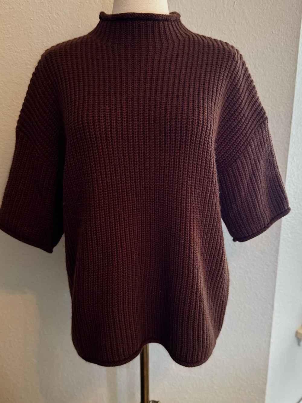 PETAL & PUP Remi Chocolate Brown Ribbed Mock Neck Sweater 1/2 Sleeve - Picture 3 of 14